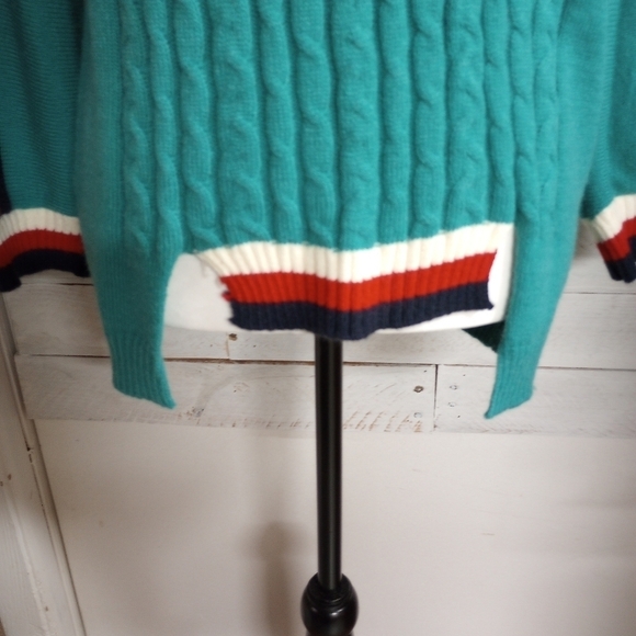 Stripe Sweater V Neck Women's Green Knit Long Sleeve Loose Casual Pullover Med - Picture 3 of 11